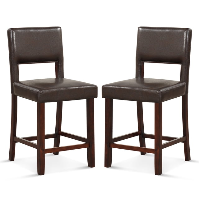 Costway Set of 2 Upholstered PVC Leather Bar Stools 24.5" Dining Chairs with Back Brown