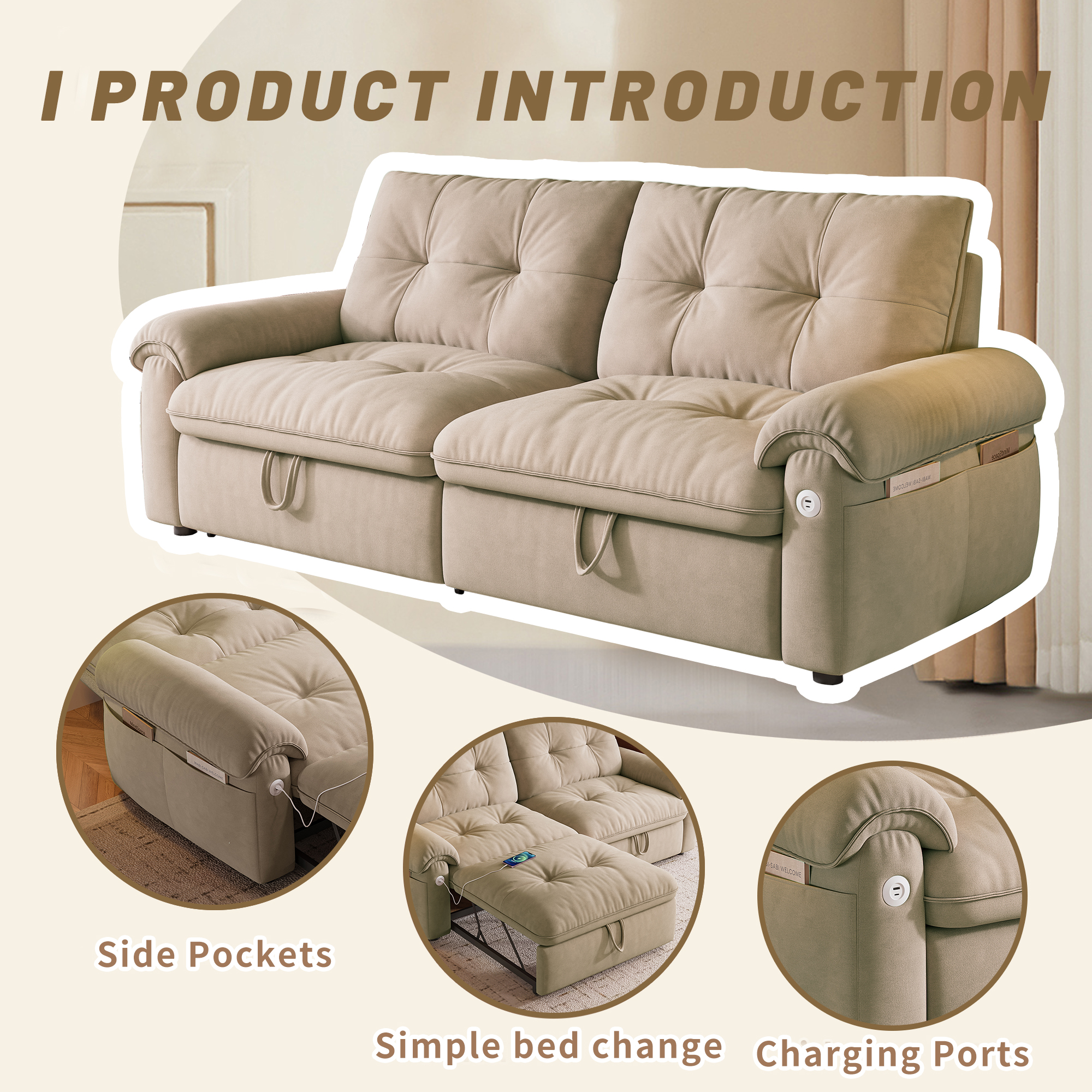 Kosynda 77"W Pull Out Couch with USB, 3 in 1 Convertible Sofa Bed with Storage Pockets, Folding Loveseat Sleeper Sofa for Living Room, Bedroom, Office, Small Space, Light Brown