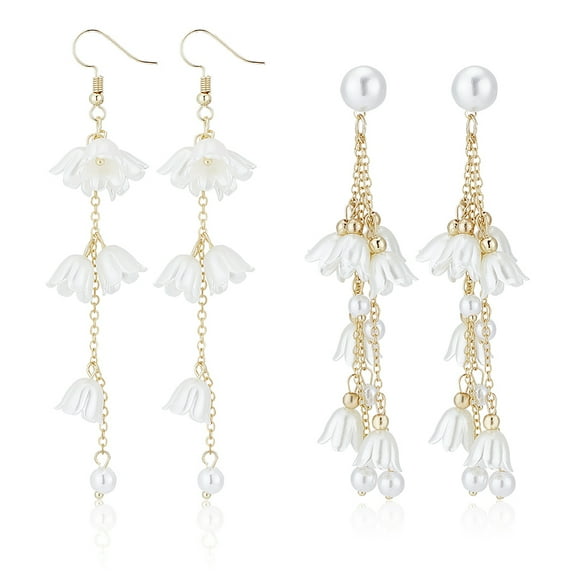 2 Pairs Bell Orchid Earring Flower Dangle Drop Hook Earrings for Women Dainty Pearl Threader Tassel Dangling Wedding Earring Studs