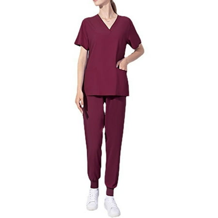 

Sksloeg Jogger Scrubs for Women Set 4-Way Stretch Scrub Sets Top and Jogger Pants V-Neck Short Sleeve Workwear Wine L