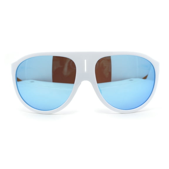 Mens Side Visor Oversized Flat Top Color Mirror Plastic Racer Sunglasses White - Blue Mirror
