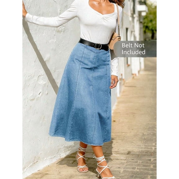 Light Wash Denim A-Line Midi Skirt High Waist Flared Casual