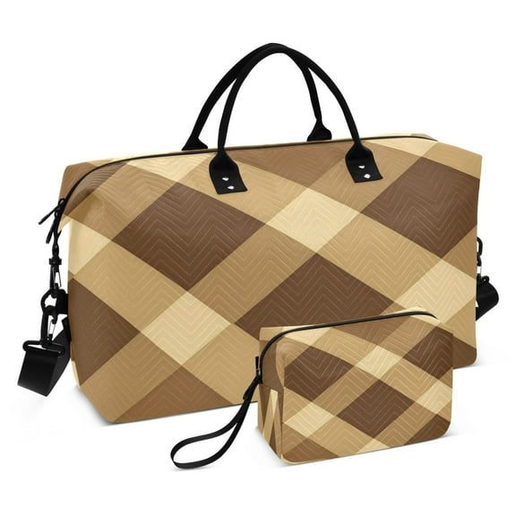 Travel Duffel Luggage Bag Sports Duffle Bag Gym Bag with Zipper Brown and Tan Check