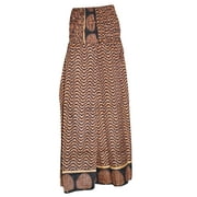 Mogul Women's Vintage Silk Sari Skirt Smocked Waist Divided Maxi Skirts