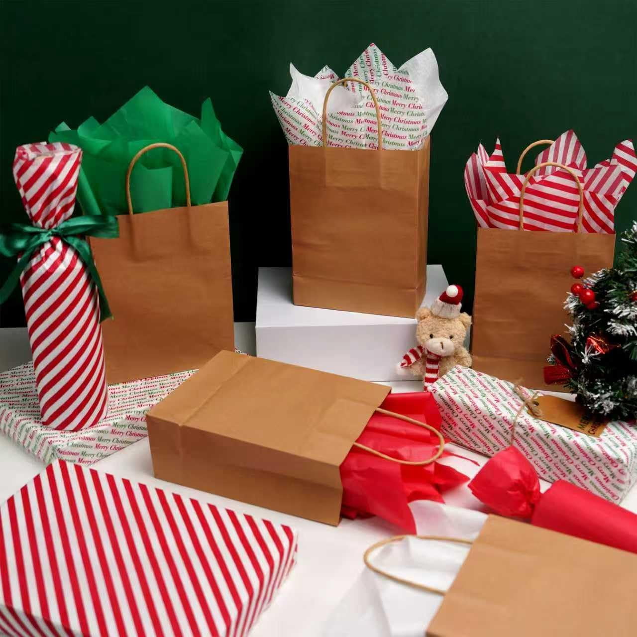 150 pieces of 20-inch by 14-inch Christmas tissue paper for gift bag party decoration, red, green, white, red diagonal, Christmas happy wrapping paper