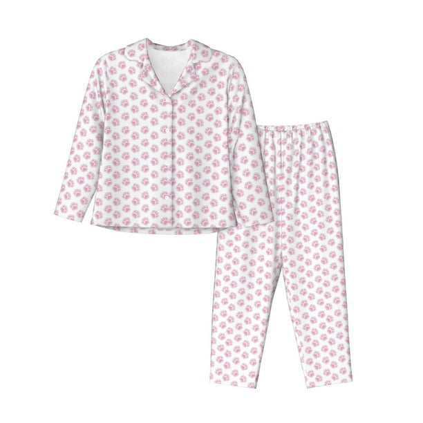 Balery Pink Paw Conjunto de Pijama con Estampado para Mujer, Conjunto de Dos Piezas con Manga Larga, Ropa de Dormir Suave con Bolsillos, Pijamas Cómodos-Medium