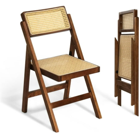 VINGLI Rattan Dining Chair, Wood Folding Chair with 360° Swivel Backrest, Rubberwood Frame and Rattan Woven Seat and Back, Walnut, Set of 2