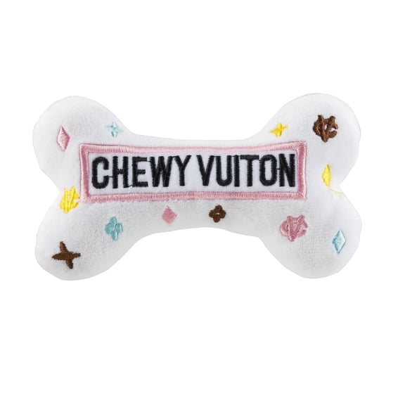 Haute Diggity Dog White Chewy Vuiton Bone, Plush Dog Toy with Squeaker, Machine-Washable, for All Breeds, Size Small