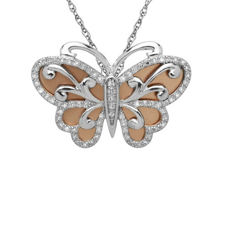1/4 ct Diamond Butterfly Pendant Necklace in Sterling Silver & 14kt Rose Gold