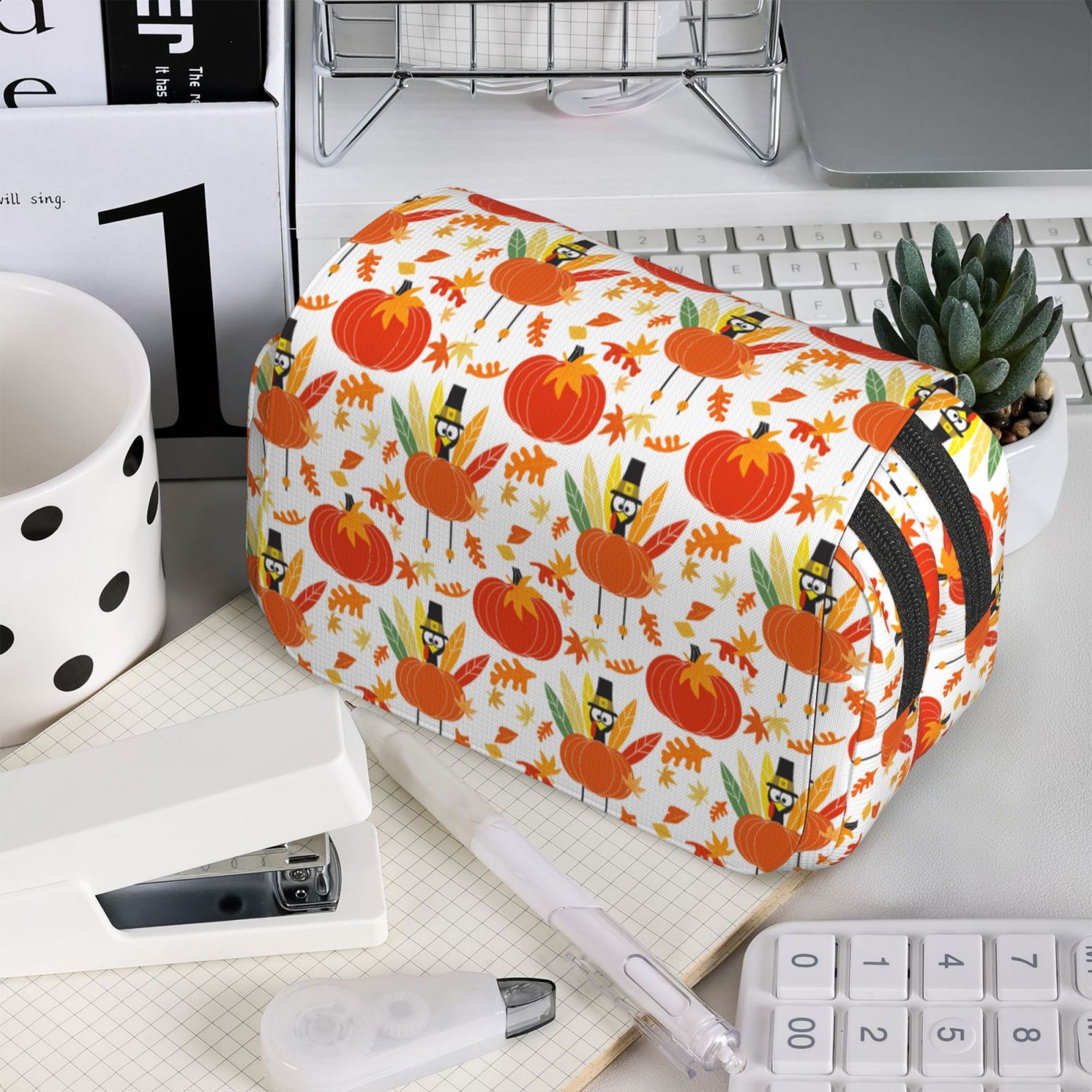 Rateoe Happy Thanksgiving Day1 Pattern Double Clamshell Pen Case, Storage Organizer with Two Zipper Compartments– Holds Up to 50 Pencils & Pens