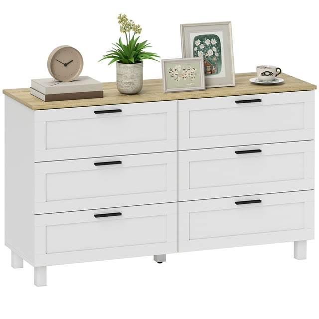 HOMCOM Commode à 6 Tiroirs, Commode Double pour Chambre, Blanc