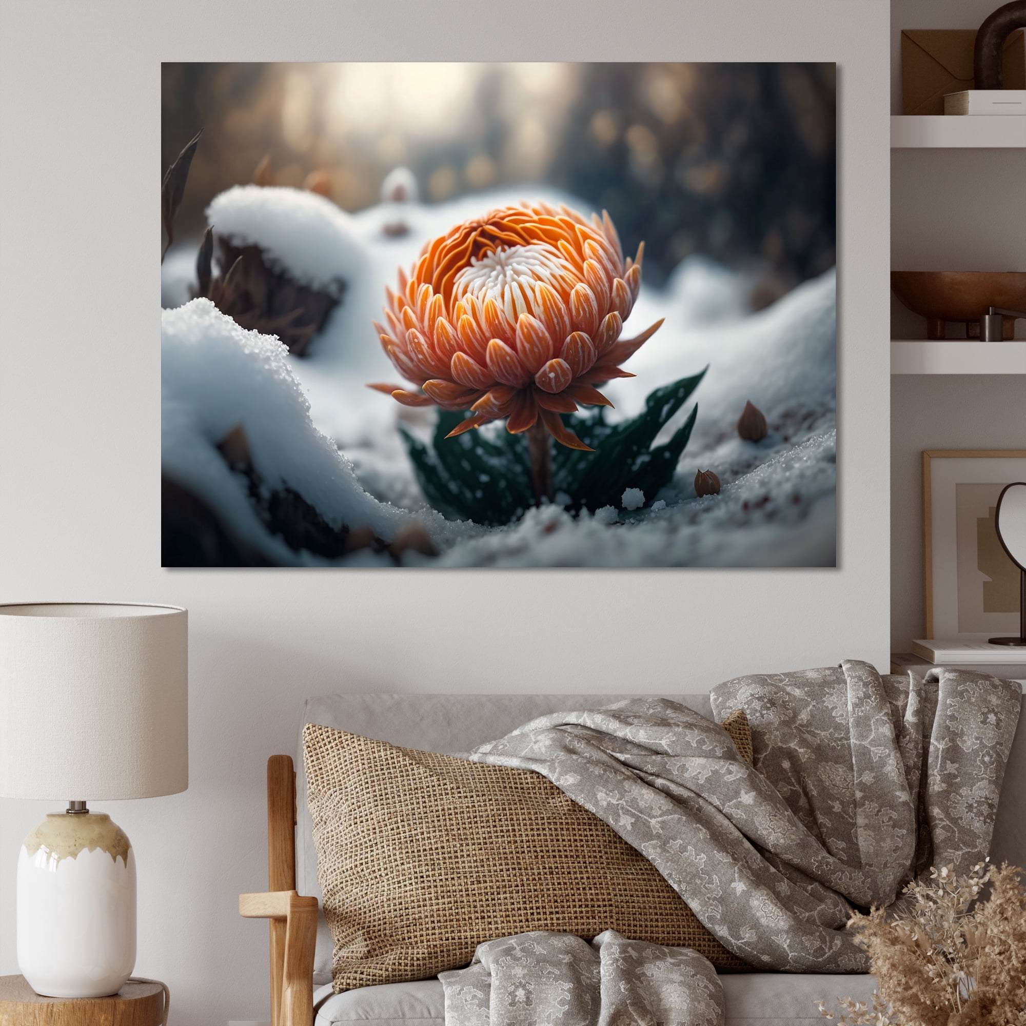Designart A Blooming Orange Dahlia Flower In Winter II Canvas Wall Art