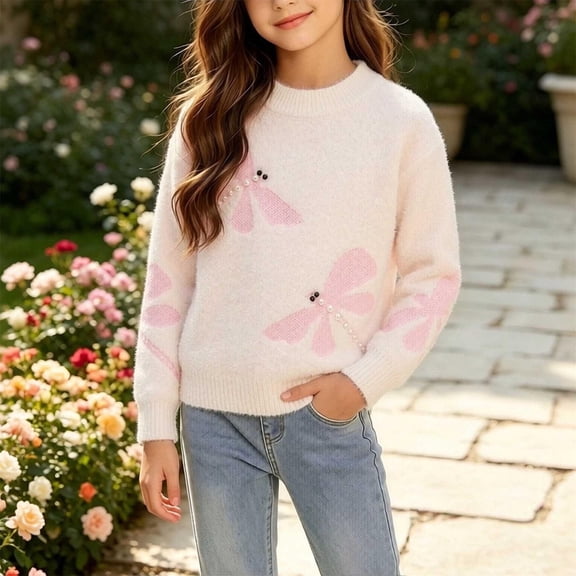 Xdegoge Girls Fuzzy Sweater Long Sleeve Crewneck Knit Pullover Tops with Dragonfly Pattern Cute Casual Fall Winter Warm Knitwear