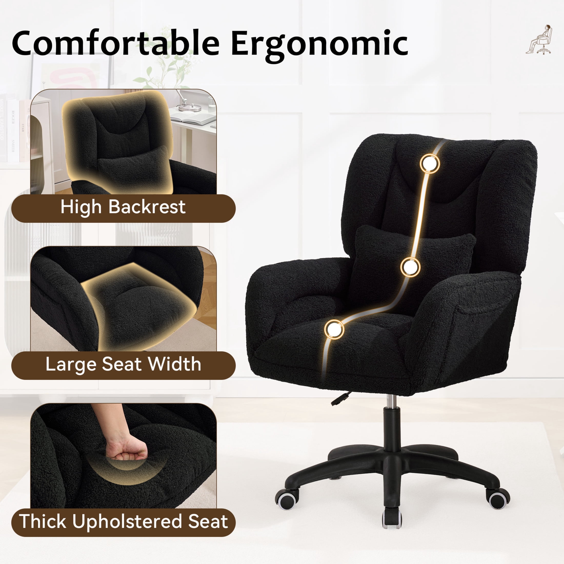 Noble House Sheila Teddy Fabric Swivel Office Chair, High Back Desk Chair with Lumbar Pillow & Storage Pockets, Black