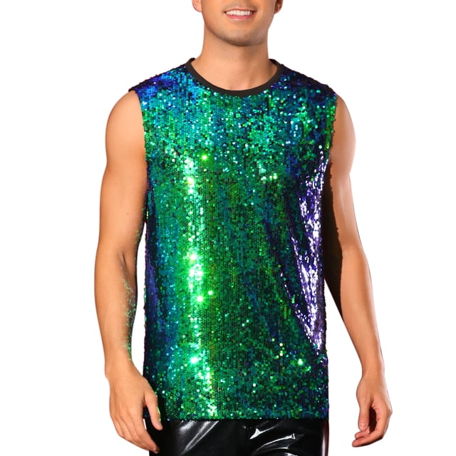 Camiseta sin mangas Inspire Chic para hombre, cuello redondo, con brillo disco metálico, talla 2XL, verde