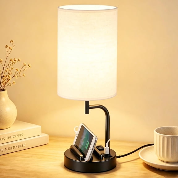 Control USB Table Lamp with USB C/A & AC Outlet, 3-Way Dimmable Bedside Lamp, Modern Nightstand Lamps for Bedroom Living Room Guest Room Office, Bulb Included, Black