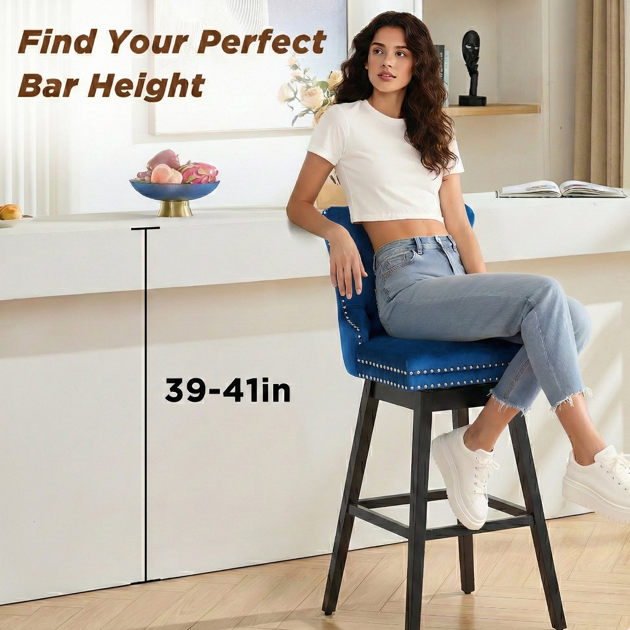 TEWLOSS 30" Swivel Bar Stools Set of 3, Blue Velvet Bar Height Chairs with Back for Home Pub