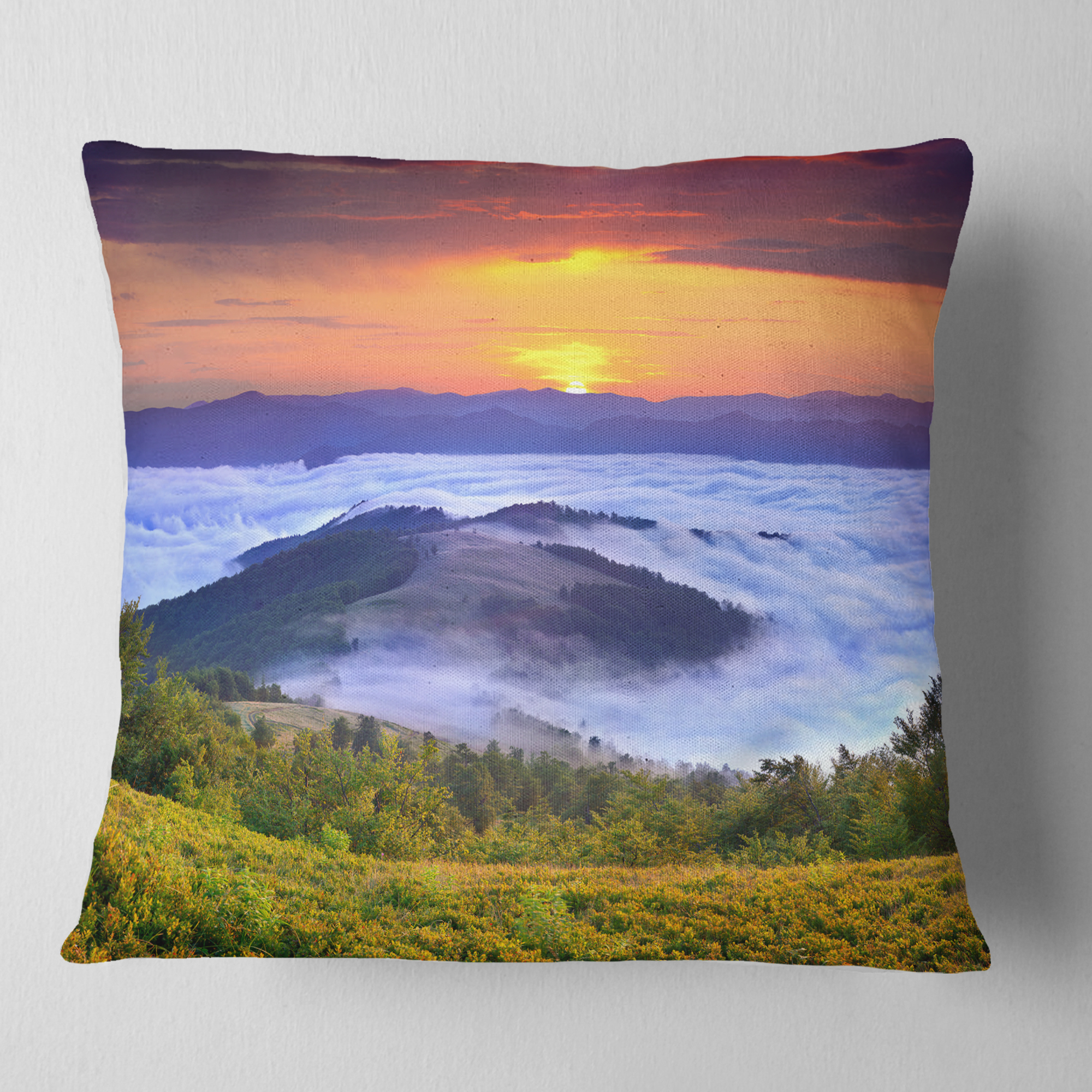 Designart Yellow Sunrise over Blue Waters - Landscape Photo Throw Pillow - 16x16