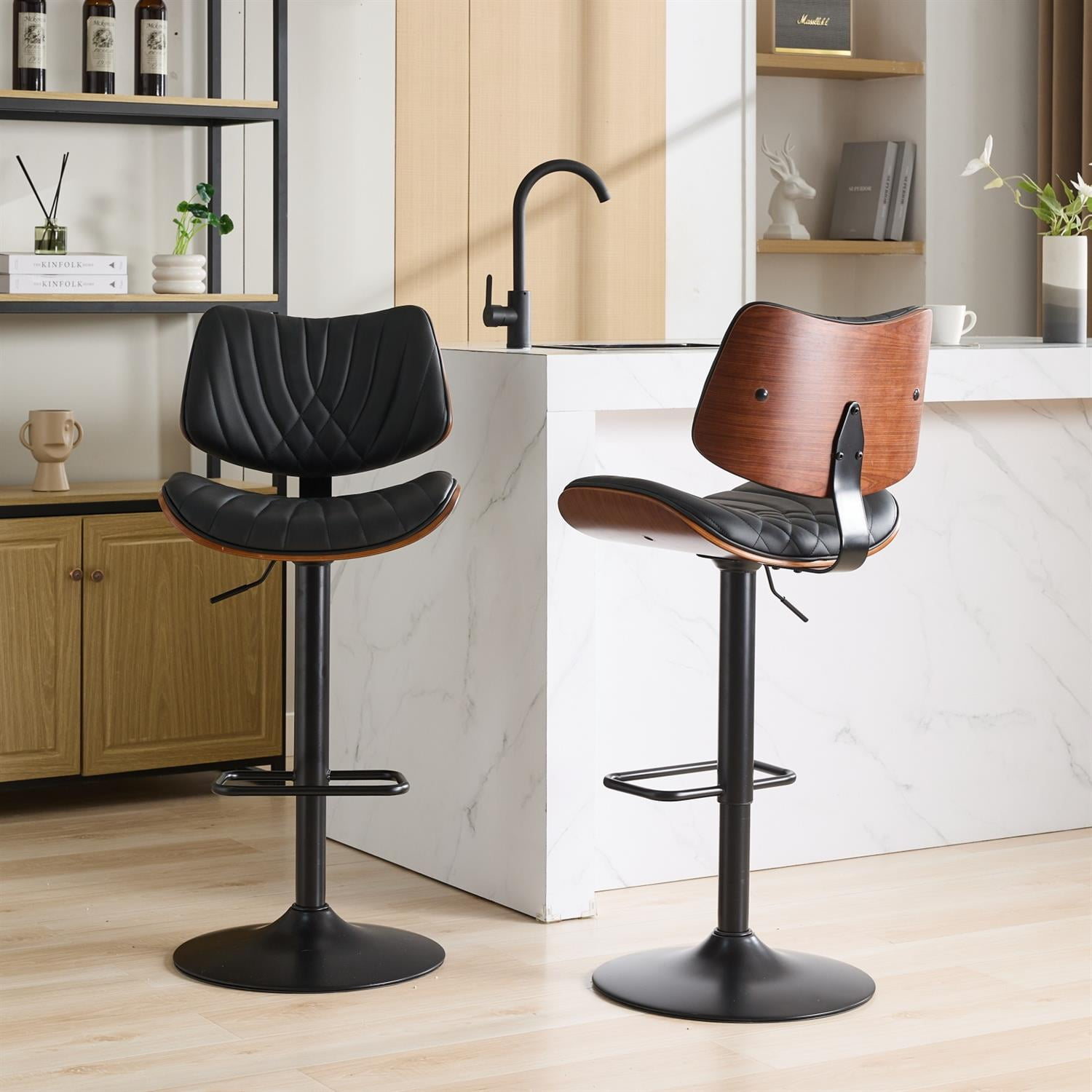 Demi Bonn 46" Adjustable Counter Height Walnut Bentwood Bar Stool Set of 2 with 360° Swivel, Black Leather Upholstery for Kitchen, Dining Room, Black