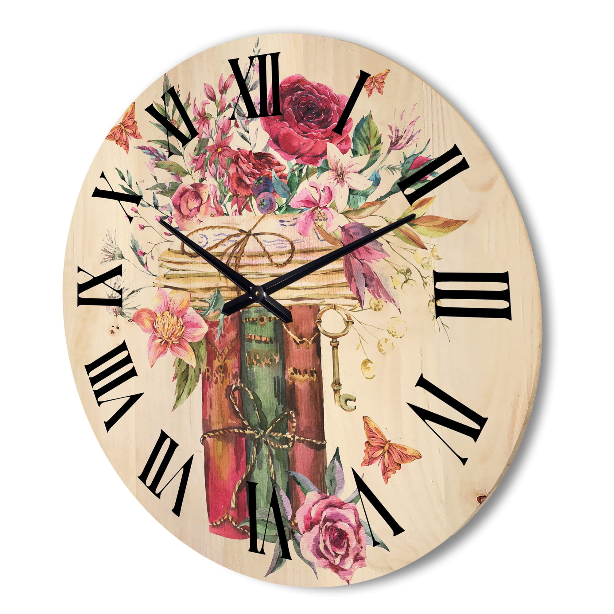 Designart 'Wildflowers With Vintage Old Books' Farmhouse Wood Wall Clock
