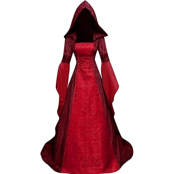 Witch Costume Women, Women Deluxe Witch Dress Renaissance Vampire Halloween Costume|Vintage Medieval Jacquard Hooded Gown,Dramatic Bell Sleeves.For Elf Cosplay/Larp/Gothic/Victorian Themed Events, L