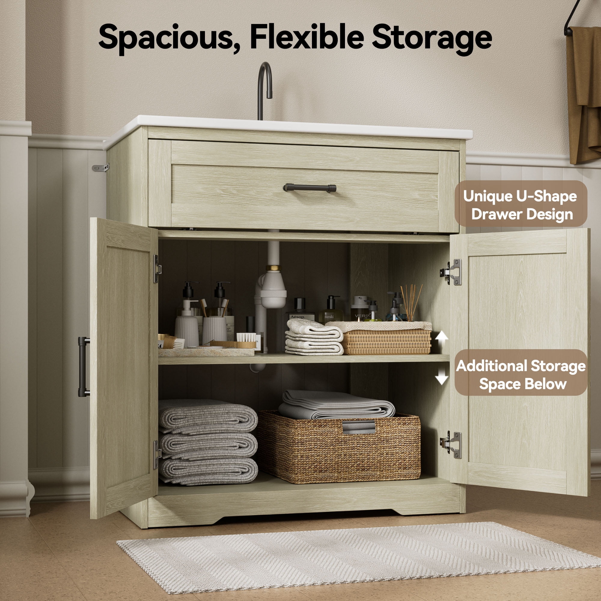 30 Inch Bathroom Vanity with Ceramic Sink, Freestanding Bathroom Sink Cabinet with Fluted Doors, 2 Doors and 1 Drawer, Adjustable Shelf, Farmhouse Bathroom Storage Combo, Grey