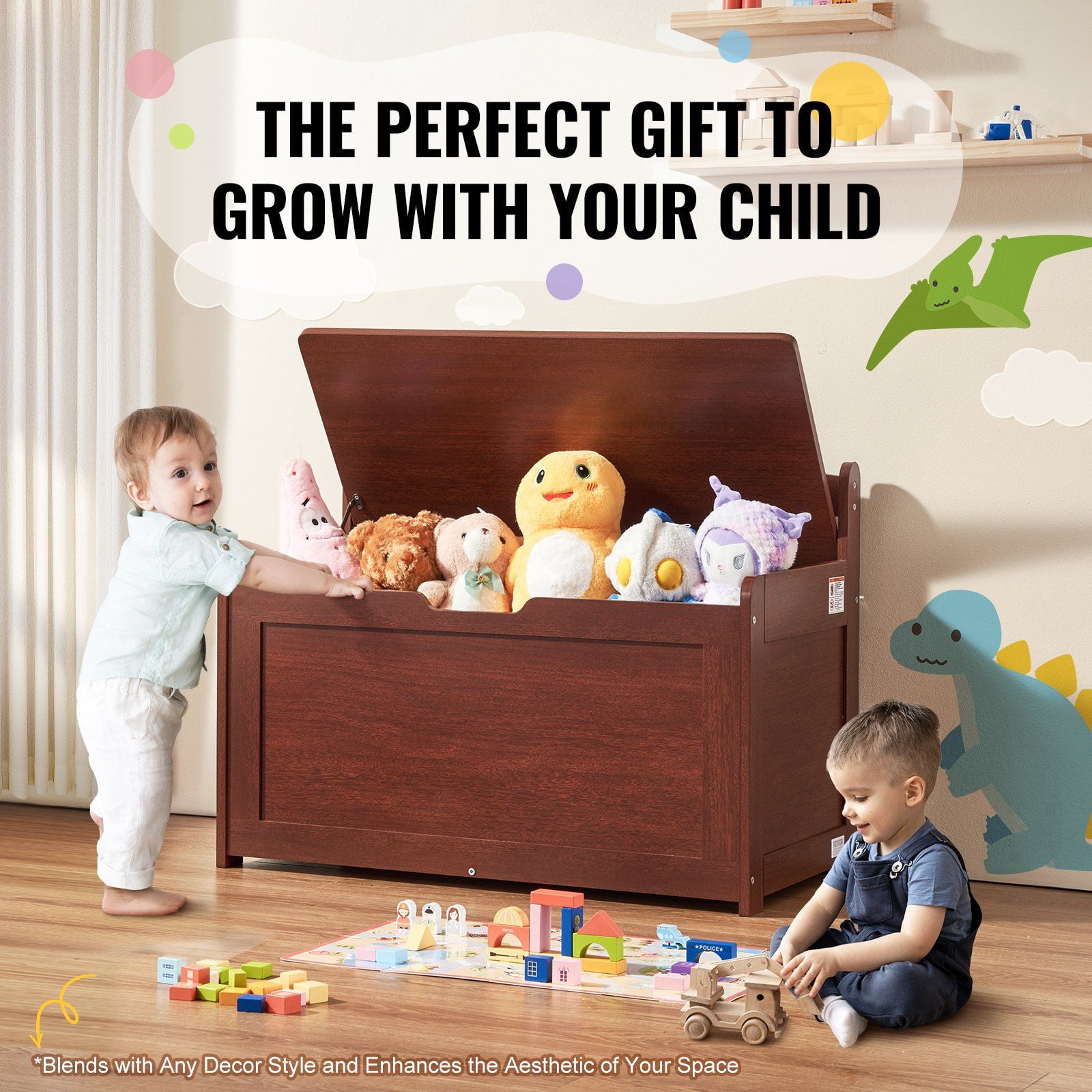 Wooden Toy Chest for Kids, Toddler Toy Storage Box with Flip-Top Lid and Safety Hinge, Large Kids Storage Bench for Playroom, Bedroom, Living Room or Entryway, Cherry Finish