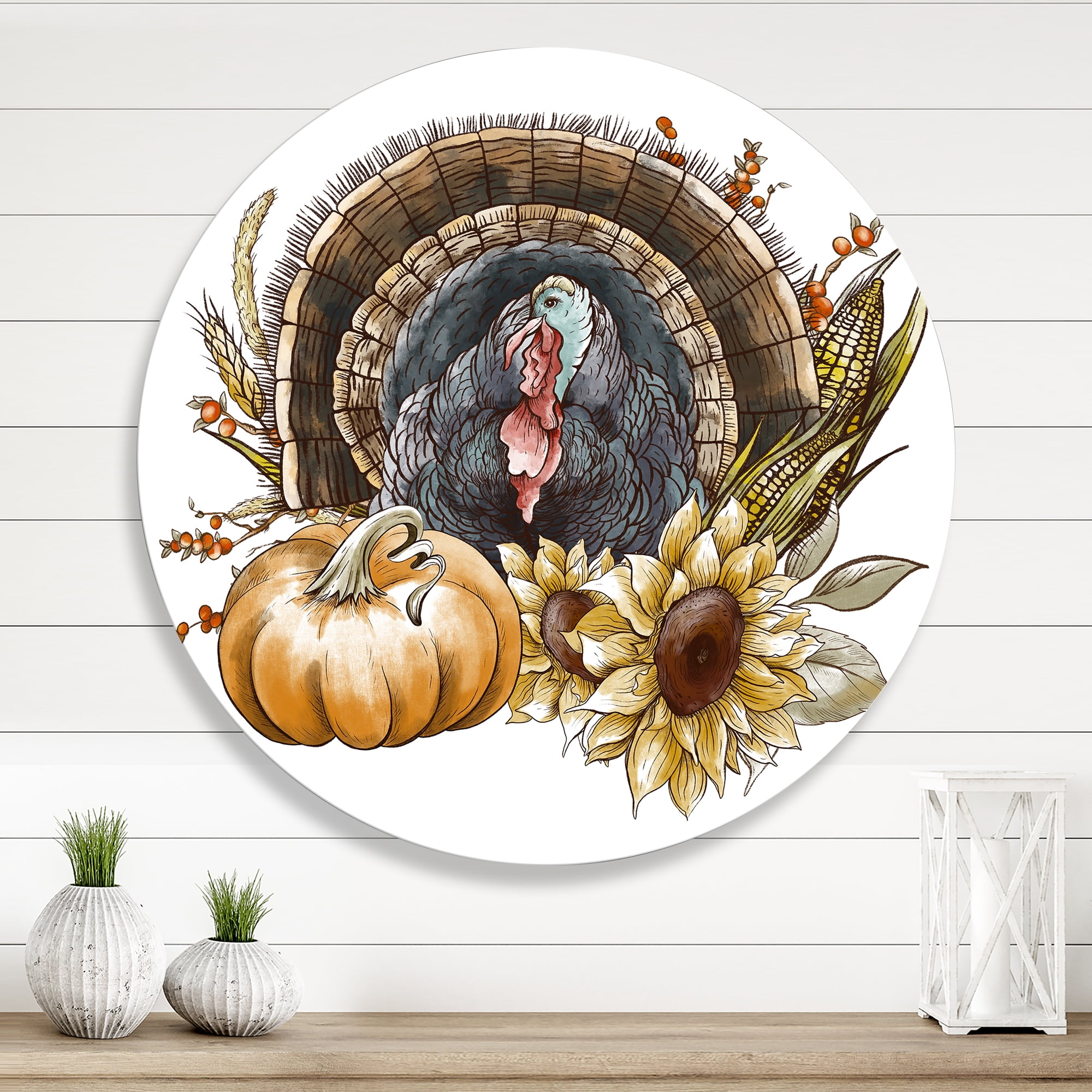 Designart 'Thanksgiving Vintage Turkey Pumpkin and Sunflowers ' Farmhouse Circle Metal Wall Art 11x11 - Disc of 11
