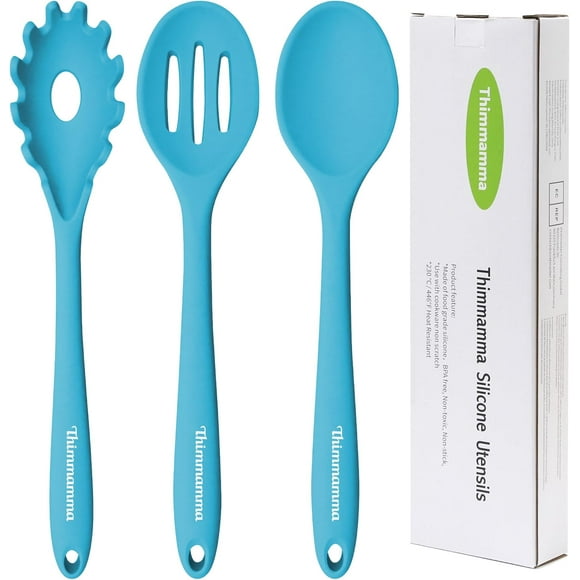 MISSUNNY Silicone Cooking Spoons, Heat Resistant Large Silicone Pasta Slotted Spoon Solid Basting Spoon Set for Nonstick Cookware, BPA Free Black Kitchen Silicone Spoons Set for Mixing, Serving, Drain