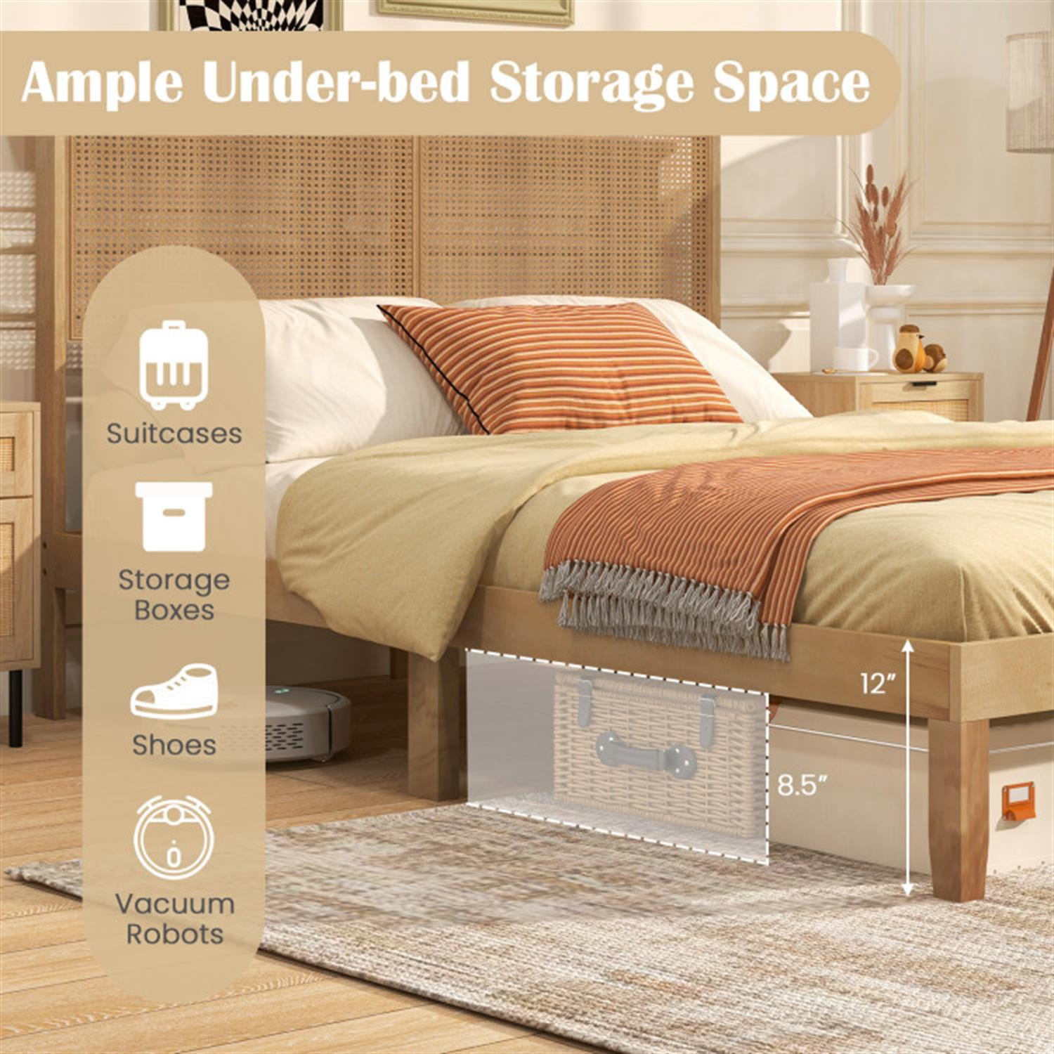 Demi Bonn Queen Size Bed Frame with Rattan Headboard, Platform Bed Frame with 12 Strong Wood Slat Support, No Box Spring Needed, Beige