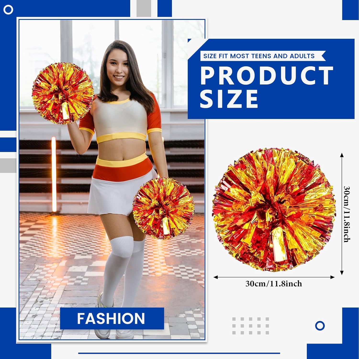 Cheerleader Pom Poms 12 Pack Sports Dance Cheering Plastic Metallic Cheerleading Pom Poms for Kids Adults
