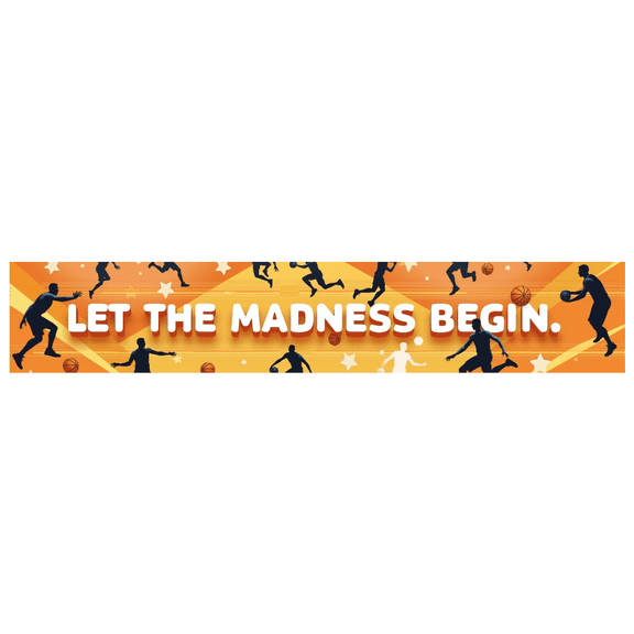 Orange Background Basketball Themed Banner with Player Silhouettes Stars and Let the Madness Begin Text, Basketball Events Sports Parties Tournament Celebrations Fan Gatherings Decorations Backdrop
