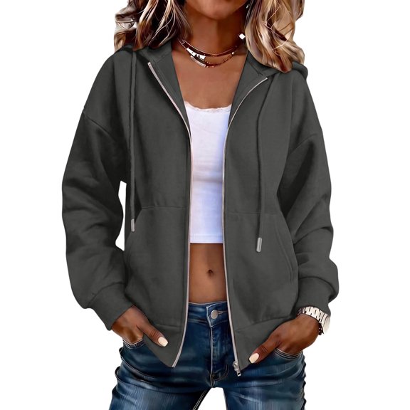 Nestiefly Women's Zip Up Y2K Hoodies 2026 Fall Fashion Long Sleeve Hooded Sweatshirts Casual Jacket Winter Clothes Black L