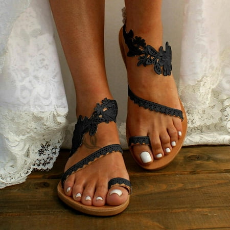 

cllios Lace Sandals for Women Flat Clip Toe Slipper Dressy Summer Slip On Sandals Boho Strappy Sandal for Wedding Guest