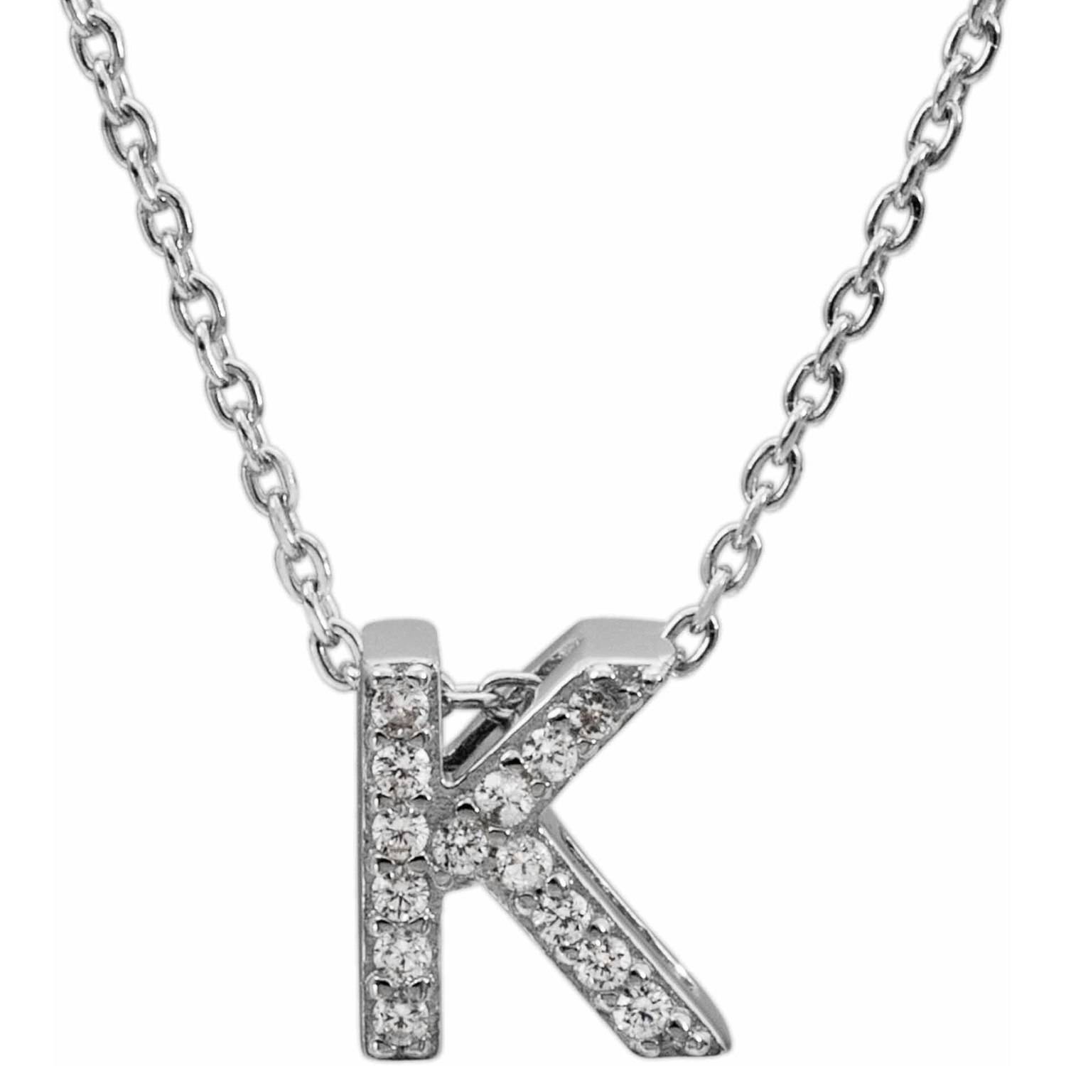 CZ Sterling Silver Block Initial "K" Necklace, 18" Chain