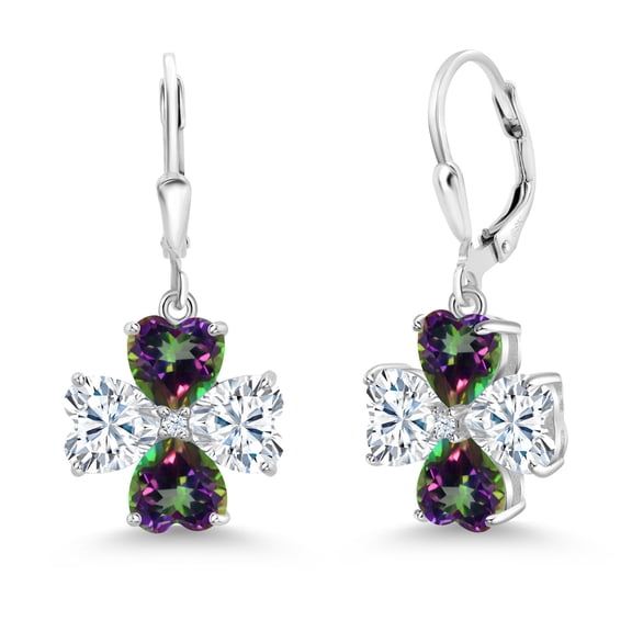Gem Stone King 925 Sterling Silver White Moissanite and Green Mystic Topaz Dangle Earrings for Women (7.02 Cttw, Gemstone, Heart Shape 6MM)