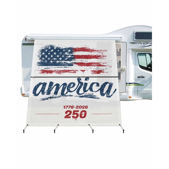 4th of July RV Awning Sun Shade Screen 9'X7' 250th Anniversary Mesh Sunscreen Patriotic Star USA Flag Awning Shade Screen with Zipper UV Blocker Completed Kits Outdoor Canopy for RV Motorhome Camper