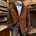 thumbnail image 4 of Men's Corduroy Western Print Blazer Vintage Single Button Coat Winter Part Long Sleeve Jacket with Pockets, 4 of 6