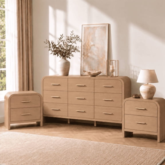 Vintagearth 3-Piece Bedroom Dresser and Nightstand Set, 62.99"W 9-Drawer Dresser & Two 2-Drawer Nightstands, Curved Bedroom Furniture Set, Oak