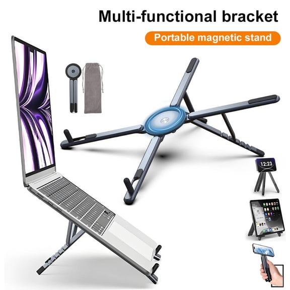 4-in-1 Foldable Laptop Stand with N52 Magnetic Phone Holder, Portable Aluminum Computer Stand for MacBook/ iPad/ Tablet, Stepless Angle Adjustment
