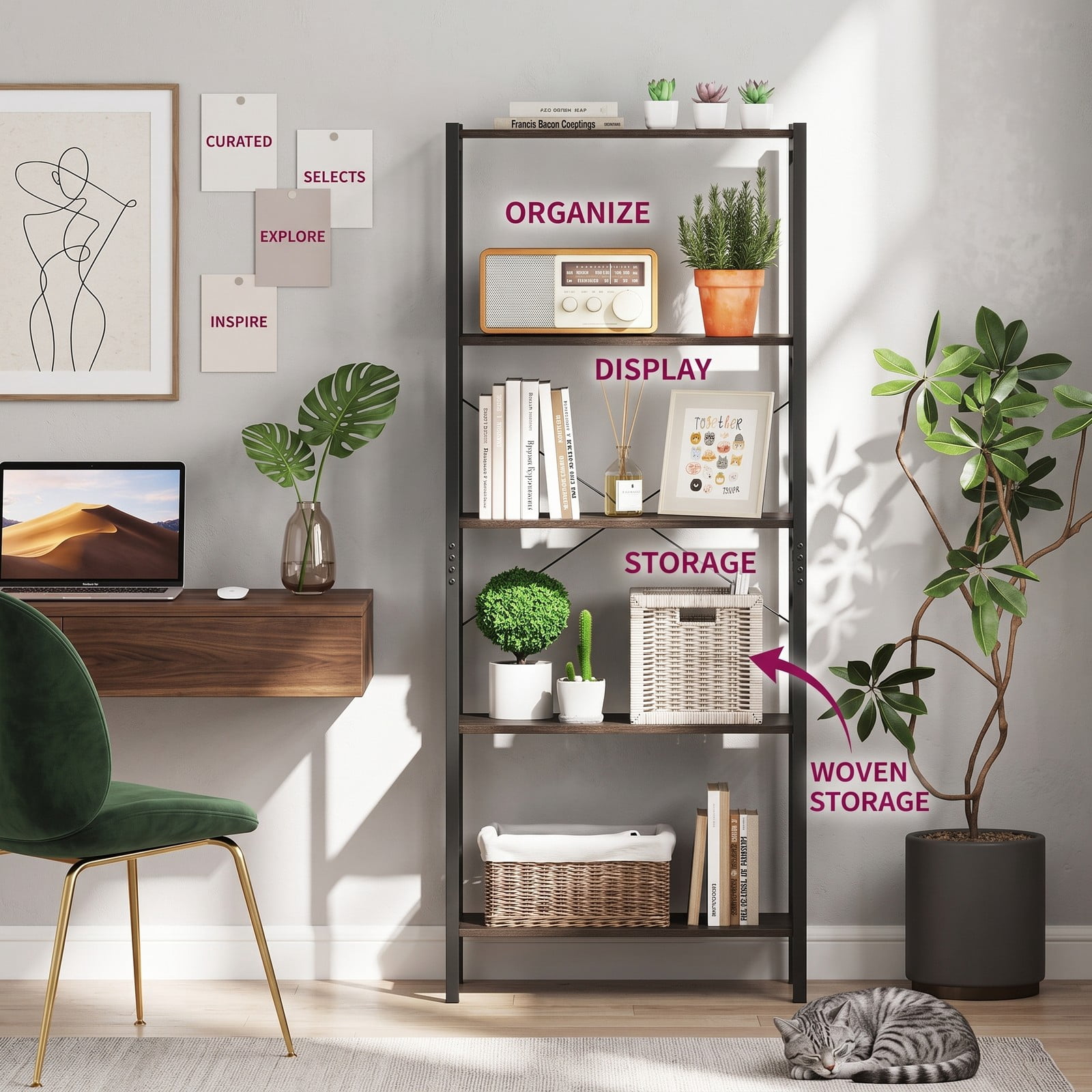 Furnibear 5-Tier Bookshelf Industrial Display Storage Rack Freestanding Open Bookcase with Sturdy Metal Frame for Home Office Living Room, Gray