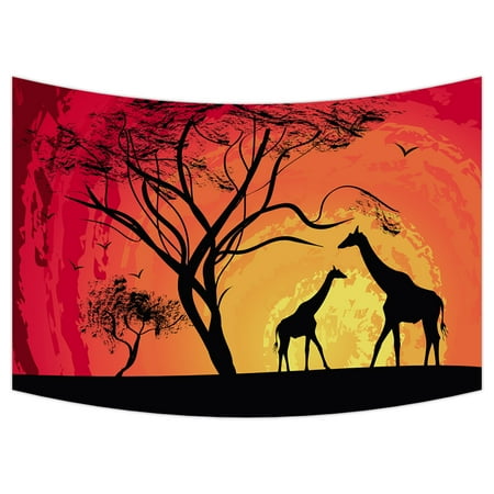 Animal Safari Wall Hangings - YKCG African Safari Animal Tree of Life Sunset Giraffe Wall Hanging Tapestry Wall Art 90x60 inches