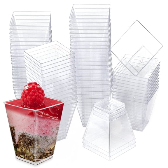 Square Mini Dessert Cup - 2 Ounce - Durable Crystal Clear Plastic - 50 Count - Ideal for Desserts, Appetizers, Entrees, Puddings, Mousse and More!