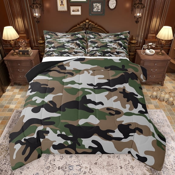 Castle Fairy Brown Green Black Camo Bedding Comforter Set 2pcs for Children Teens Adults,Vintage Camouflage Twin Comforter Sets Microfiber,Abstract Geometric Breathable Bedding Set