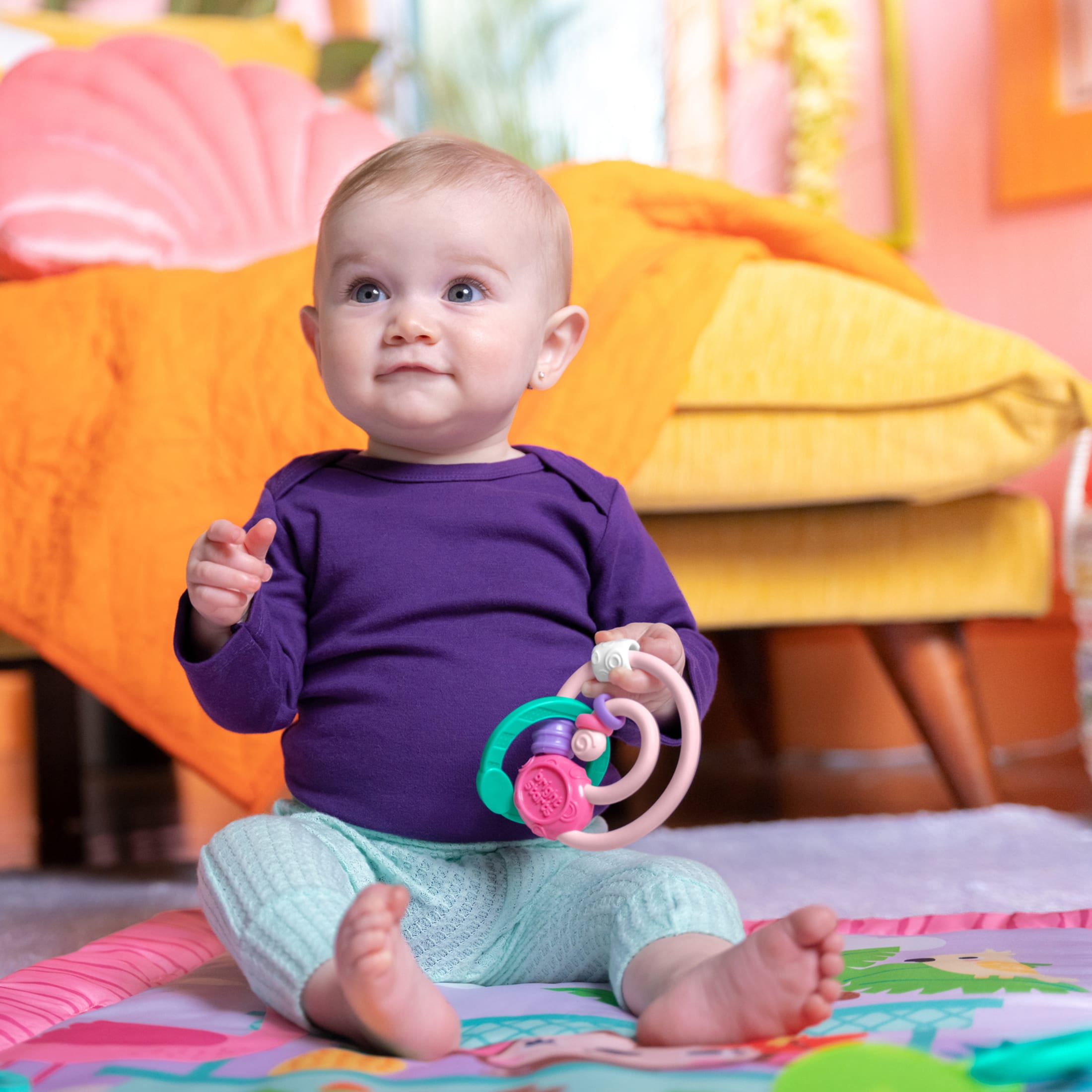 Bright Starts Pink Palms Tiki Toy Bar Baby Activity Gym & Tummy Time Mat with Toy Bar and 3 Toys, Newborn to 3 Years