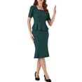 thumbnail image 4 of Conjunto de blusa peplum y falda INSPIRE CHIC para atuendo de negocios de mujer, top de cuello cuadrado, manga corta, falda ajustada de cola de pez, L verde oscuro, 4 of 5