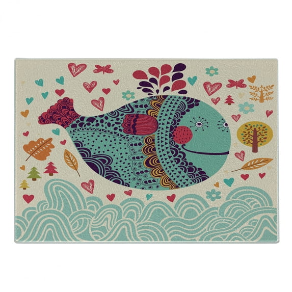 Whale Cutting Board, Colorful Ornamental Designed Big Whale with Waves Plants and Hearts Around Print, Decorative Tempered Glass Cutting and Serving Board, Small Size, Multicolor, by Ambesonne