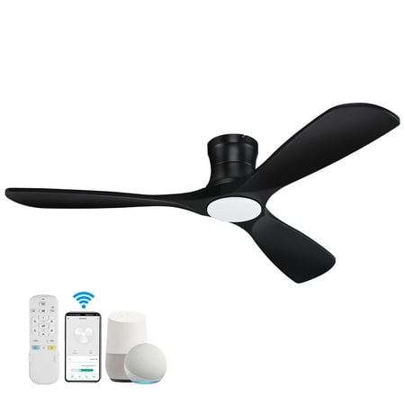 

52 Smart Wood Low Profile Ceiling Fan with Lights Remote Quiet DC Motor Outdoor Indoor Flush Mount Ceiling Fans Controlled by WIFI Alexa App Modern Black for Bedroom Living Room Patio Porch