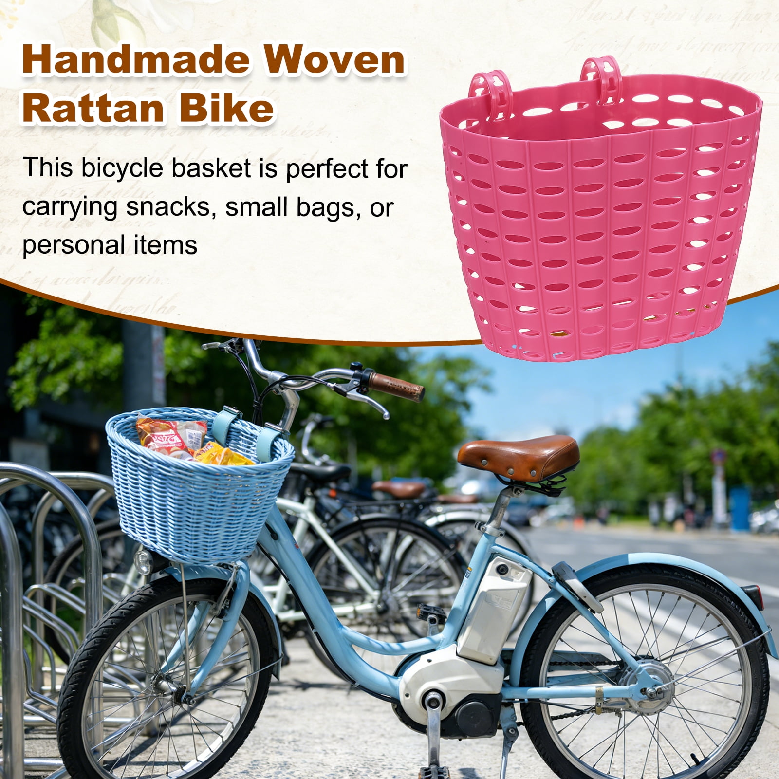 Uxcell Bike Basket, Plastic Bicycle Basket Adjustable Front Baskets with 2 Adjustment Buckles Unisex Strong Load 7.7 x 5.1 x 5.9" & Fuchsia-Fitting For(Most Bikes/Tricycle/Scooters)