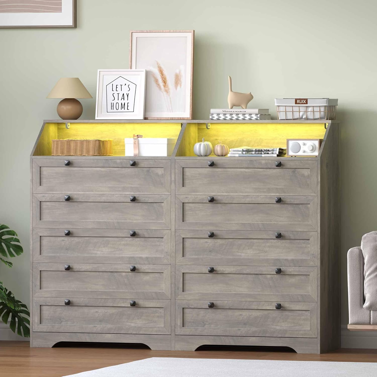 FANRAL 5 Drawers Dresser for Bedroom,Tall Dresser Modern Chest of Drawers with LED Open Shelf,Wood Closet Clothes Organizer Storage Cabinet,Light Gray Dresser